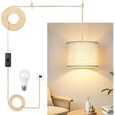 Qingmiao Plug in Pendant Light, 3 Way Bulb, 14ft Cord, On/Off Switch | Beige Hanging Lamp Plug in, Dimmable Hanging Light Fix