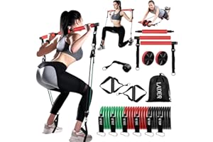 Pilates Bar Kit with Resistance Bands, LADER Yoga Pilates Bar with Ab Roller for Abs Workout, Adjustable 3-Section Pilates Bar Portable Fitness Bar for Women & Men Home Gym Yoga Pilates (Red)