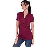 AmélieBoutik Women Casual V Neck Faux Wrap Ruched Side Short Sleeve Slim Fitted Blouse top