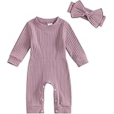 Covvoliy Newborn Baby Girl Fall Outfits Long Sleeve Ribbed Romper Jumpsuit with Headband Set Infant Girl Clothes