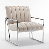 Velvet Vertical Stripe Armchair Silver Metal Frame Accent Chair, Suitable for Living Room and Bedroom (Beige)