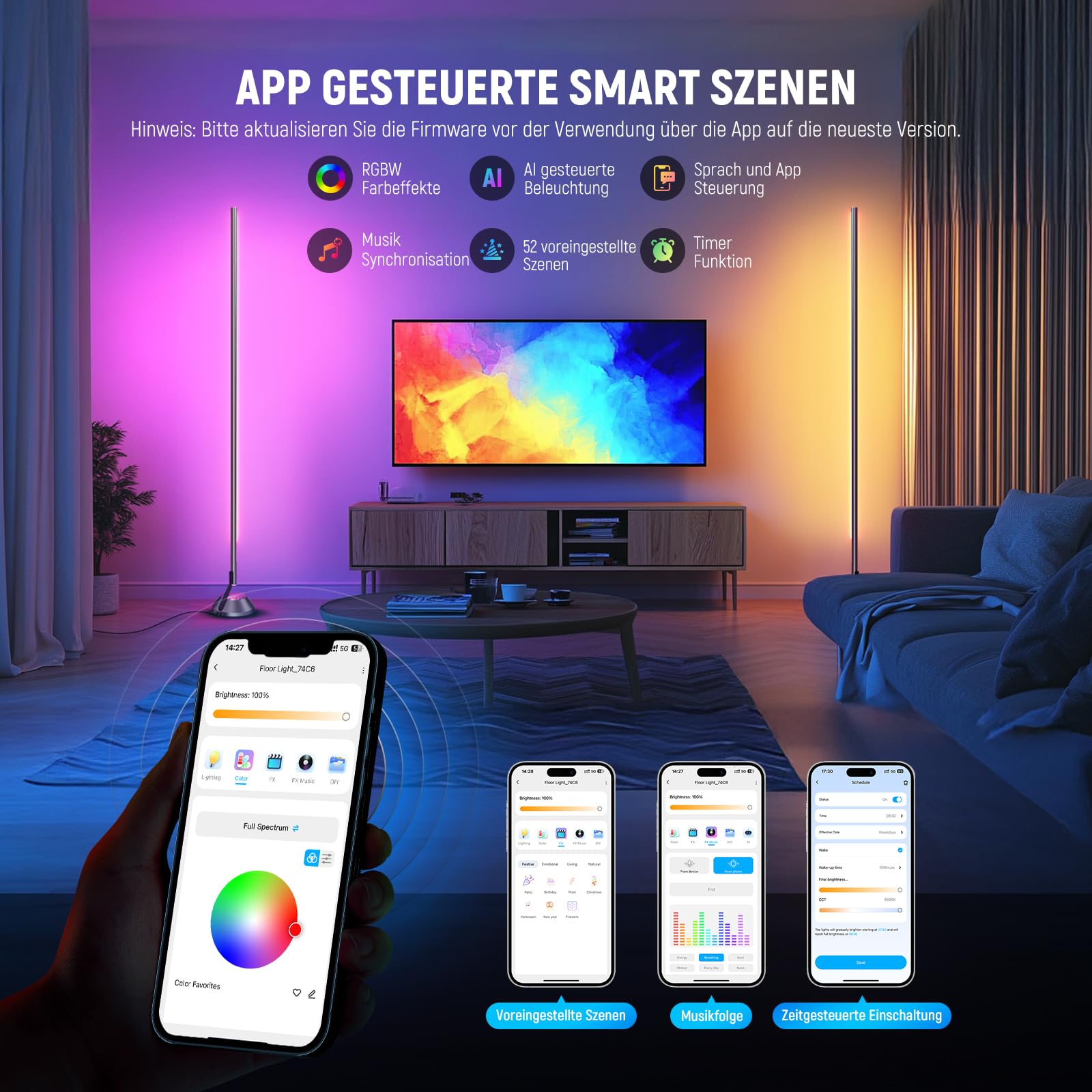 NEEWER Smart RGB IC W Stehlampe, 1500lm LED Eckleuchte kompatibel mit Alexa Google, APP Steuerung/AI DIY/Musiksynchronisation/16 Millionen Farben, Licht für Wohnzimmer Schlafzimmer Dekor, NF01 5