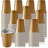 Dandat 200 Pack Christmas Plastic Party Gold Cups Bulk 18oz Disposable Heavy Duty Drinking Water Cups for Holiday Xmas New Year Wedding Birthday