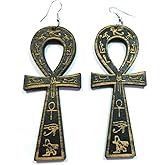 Teri's Boutique Egyptian Ankh Cross Wood Engraved Ancient Symbol of Life Fashion Jewelry Dangle Earrings