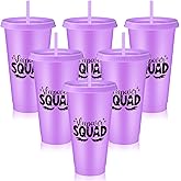 Reallnaive Sleepover Party Supplies for Girls Sleepover Squad Cups with Lids and Straws 24 oz Slumber Party Plastic Tumbler Coffee Cup for Birthdays Slumber Spa Favors(Purple,6 Pcs)