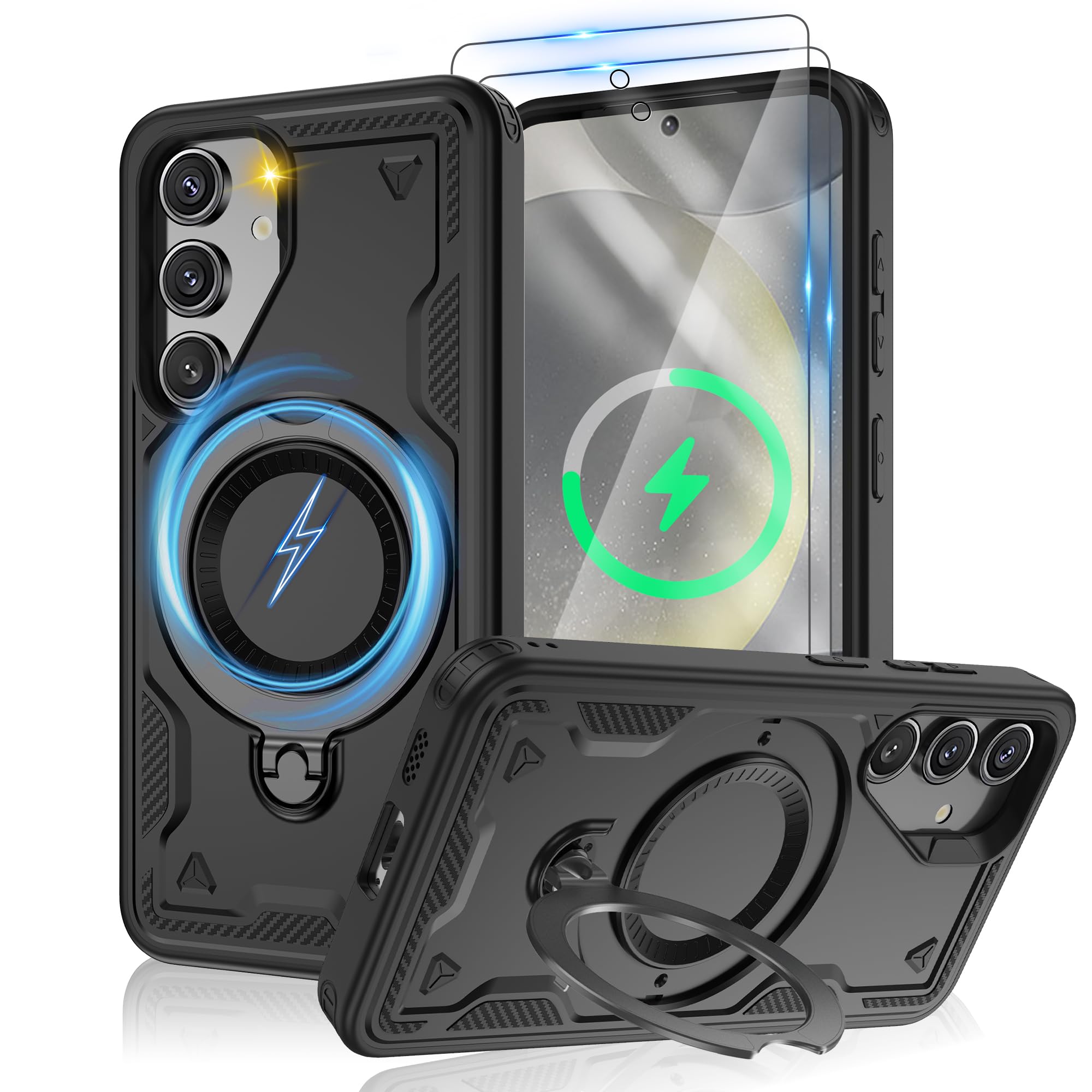 Jshru Samsung Galaxy S24/S25 Hülle Kompatibel mit Magsafe Handyhülle, mit 2Stk HD-Schutzfolie Magnetische Schutzhülle, 360° Drehbare Ringhalter Stoßfeste Case für Samsung Galaxy S24/S25,Schwarz