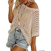 Chvity Women's Summer Crew Neck Short Sleeve Sweater Casual Off Shoulder Tops Hollow Out Crochet Coverups Pullover Knit Tops