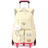 NIWEIYA Girls Rolling Backpack with Wheels, School Backpack with Wheels for Girls, Rolling School Bag Roller Bookbag Kids Carry-on Luggage, Light yellow