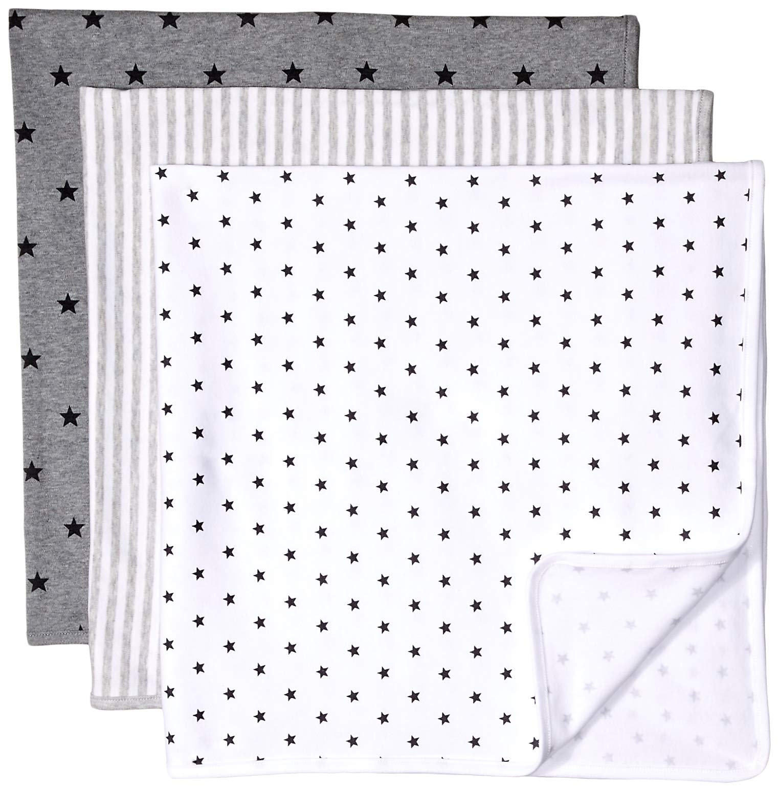 Amazon Essentials Unisex Babies' Swaddle Blankets, Pack of 3, Charcoal Heather/Light Grey Vertical Stripes/White Stars, One Size