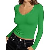 Artfish Women's Long Sleeve V Neck Crop Top Ribbed Knit Slim Fitted Basic T-Shirts
