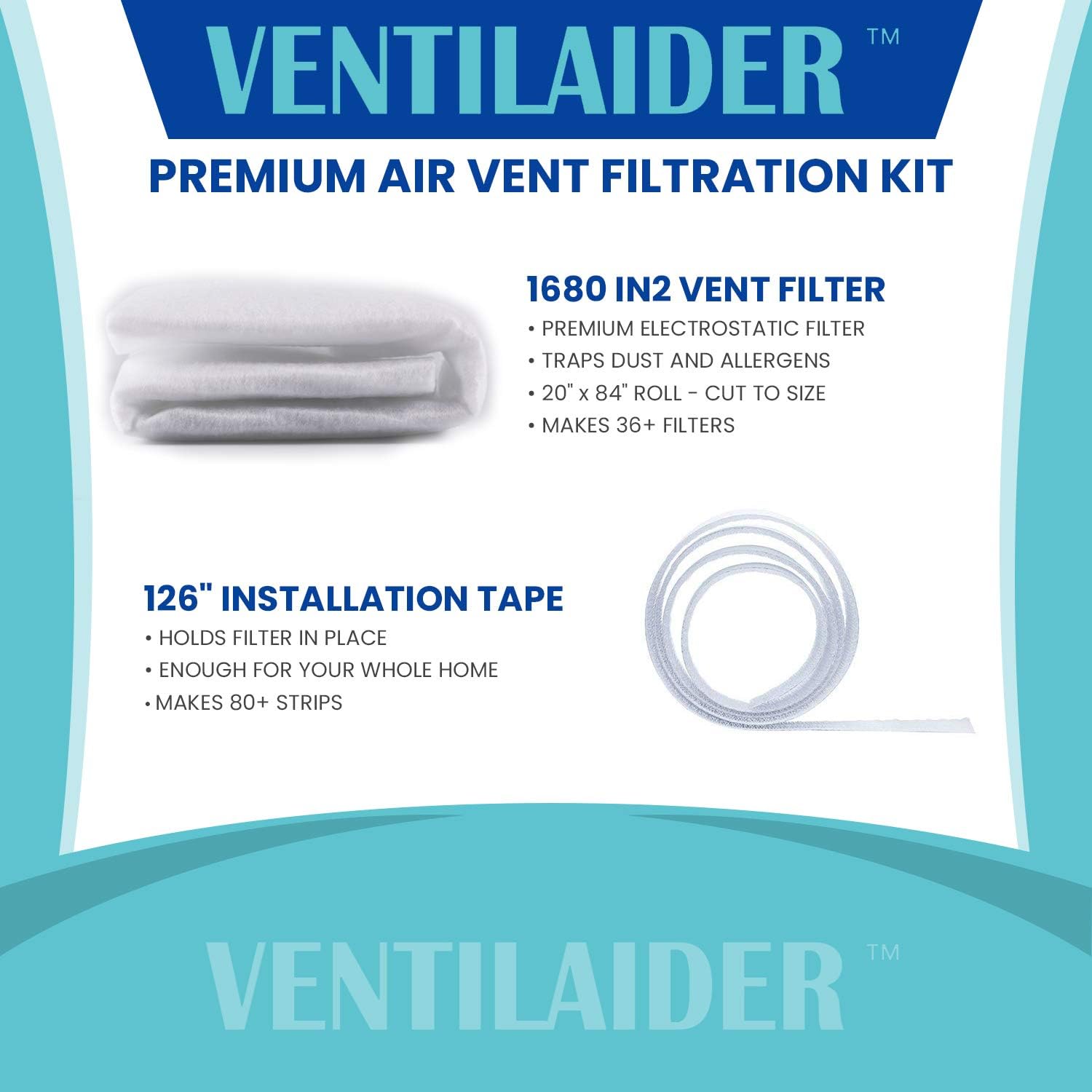 Ventilaider Complete Air Vent Filter Set 20" x 84" Electrostatic Media With 126" of Installation Tape 35+ Filters per Roll for HVAC, AC & Heating Intake Registers & Grilles to Reduce Dust and Allergy - - 