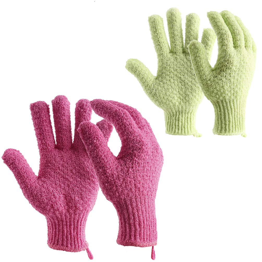 CAREHOOD Body Bath Exfoliating Gloves - Large Jacquard Deep Exfoliating Mitt for Shower, Body Scrub, Spa, Massage, Dead Skin Cell Remover with Hanging Loop (Exfoliating Gloves Rose and Green): Beauty