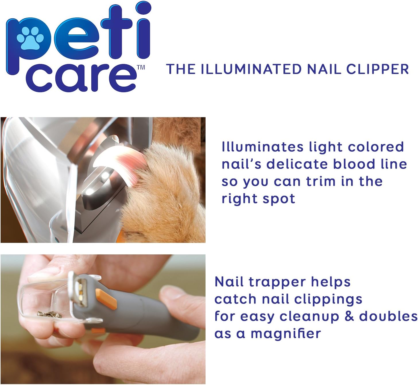 Allstar Innovations PetiCare LED Light Pet Nail Clipper- Great for Trimming Cats & Dogs Nails & Claws, 5X Magnification That Doubles as a Nail Trapper, Quick-Clip, Steal Blades