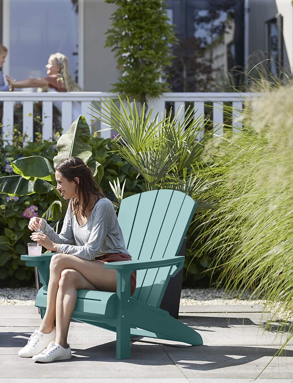 KETER Alpine Adirondack Resin Outdoor Furniture Patio Chairs with Cup Holder-Perfect for Beach, Pool, and Fire Pit Seating, Teal : Garden & Outdoor