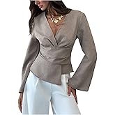 MakeMeChic Women's Wrap V Neck Blouse Bell Sleeve Pleated Business Dressy Tops