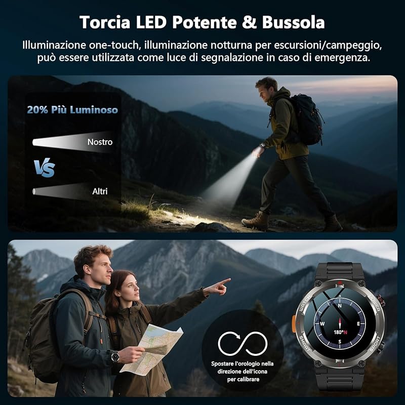 Smartwatch Uomo con Batteria 960mAh, Torcia LED, Bussola
