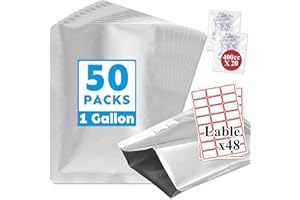1Gallon 50PCS 10" x 14" Mylar Bags for Food Storage with Oxygen Absorbers&Labels,Resealable Heat Seal Flat Pouches for Long T