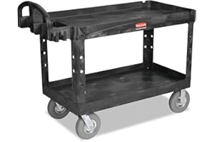 Rubbermaid Commercial Products Utility/Service Cart with Lipped Shelf/Pneumatic Casters/Wheels, 750-Pound Capacity, Black, Two Shelves for Stock Room/Warehouse/Loading Dock/Airport