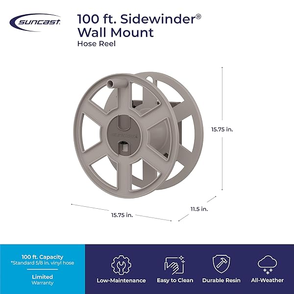 SUNCAST 100 FT GARDEN HOSE HOLDER WALL MOUNT, TAUPE HEAVY-DUTY WALL MOUNTED WATER HOSE REEL FOR OUTSIDE USE, MANUALLY RETRACTABLE SIDEWINDER, OPEN SPACE-SAVING STORAGE, MADE IN THE USA