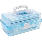 MyGift 13 Inch Transparent Blue Plastic Empty Multipurpose Storage Box with Handle, Latching Lid and 2 Expandable Trays for Tools, First Aid, Sewing Kit, Arts Crafts Supplies