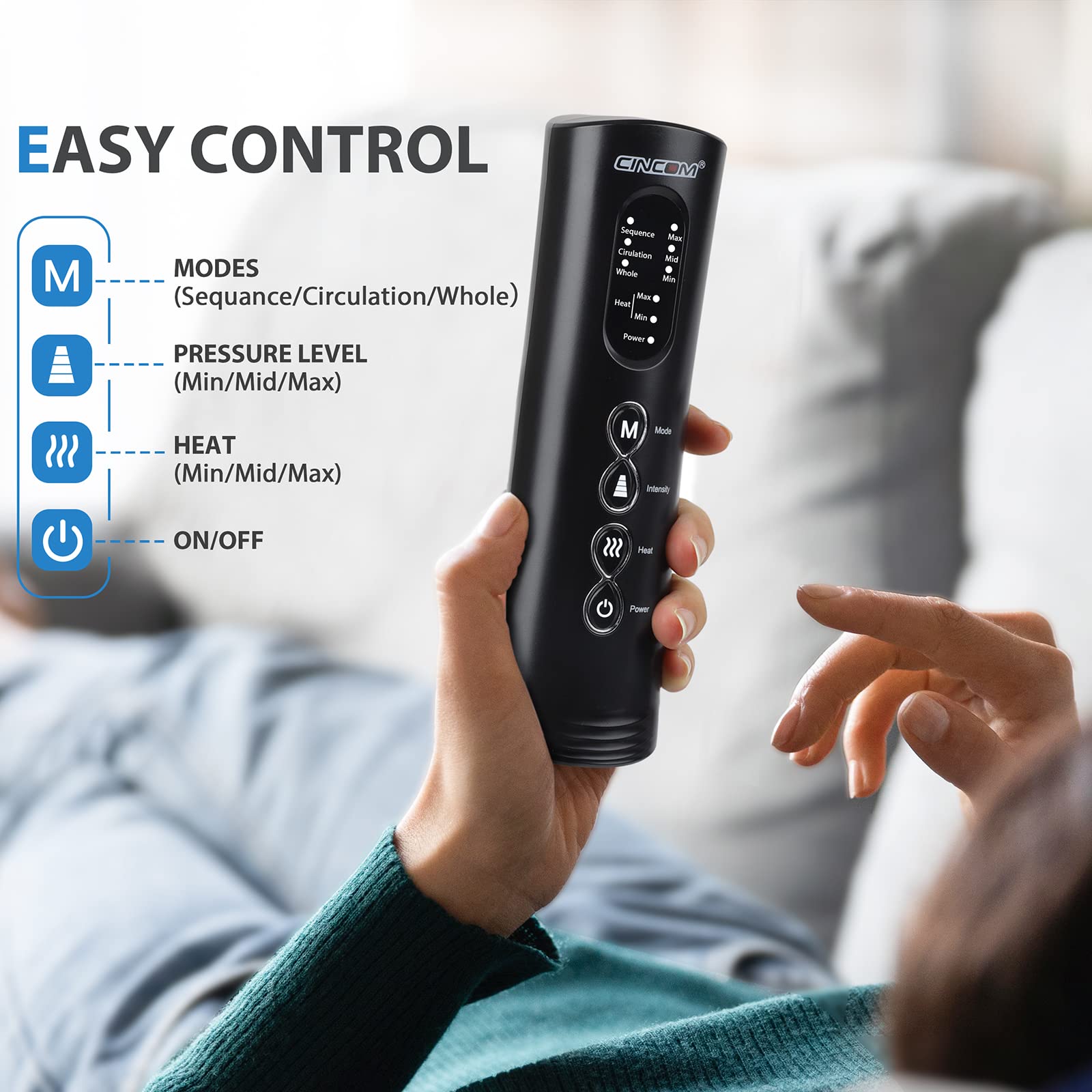 CINCOM Leg Massager with Heat - Air Compression Foot, Calf & Thigh Massager with Handheld Controller