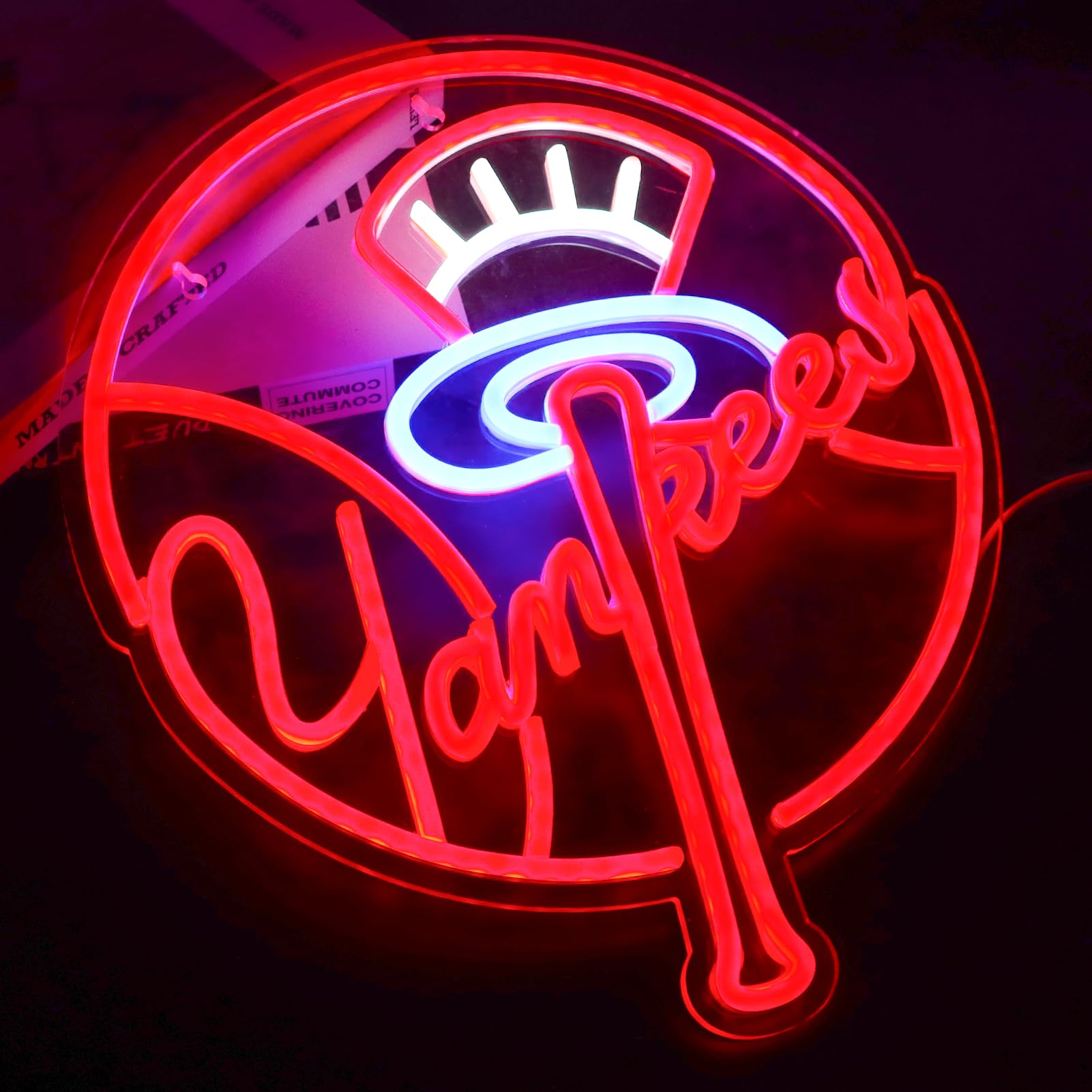 Photo 1 of AHlove YANKEES neon signs for wall decor?baseball team Neon Lights for Bedroom?LED Signs Suitable for man cave?5V Power Adapter?birthday?Christmas Gifts for boys 13 * 15Inch(red+blue+white)