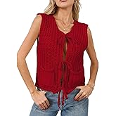 Trendy Cardigan Sweater Vest for Women Crochet Chunky Knit Top Sleeveless Bows Bandage Crop Tops with Pockets