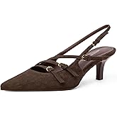 MUCCCUTE Brown Kitten Heels for Women Pointed Toe Slingback Low Heels with Buckle Strap Heeled Pumps US Size 8.5