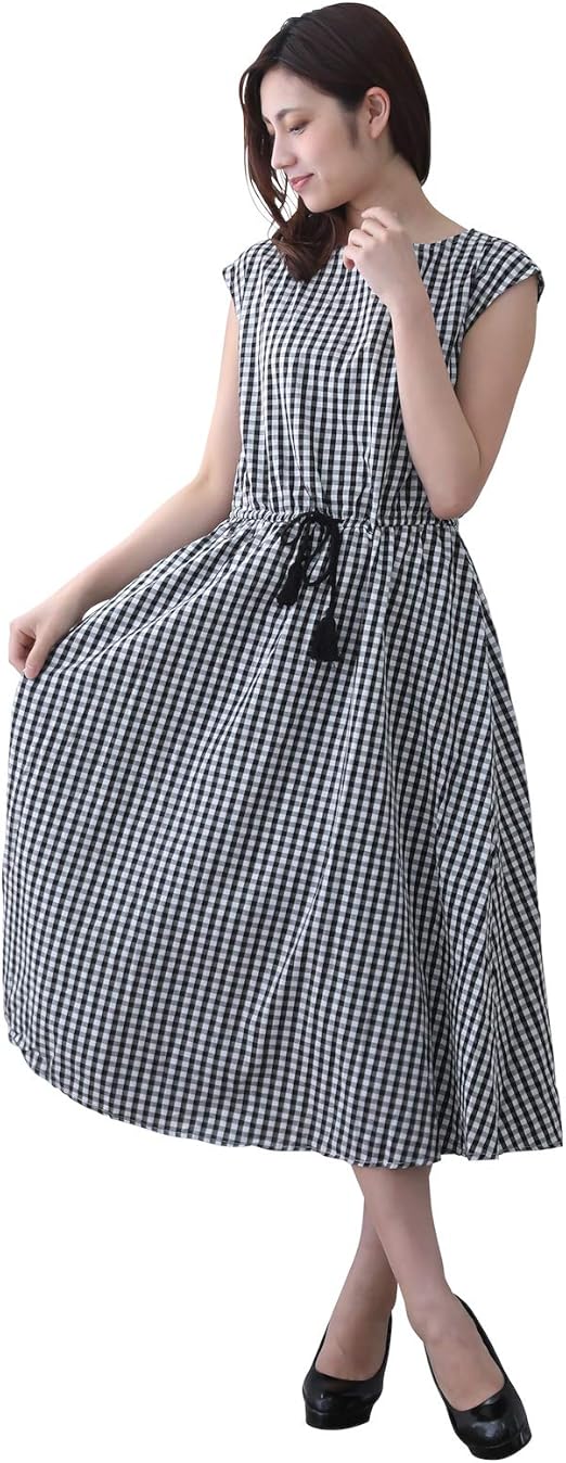 Amazon フレンチスリーブ ワンピース ミモレ丈 ゆったり 綿 大人可愛い 春夏 半袖 Aライン コットン おしゃれ 大人かわいい ギンガムチェック M ワンピース チュニック 通販