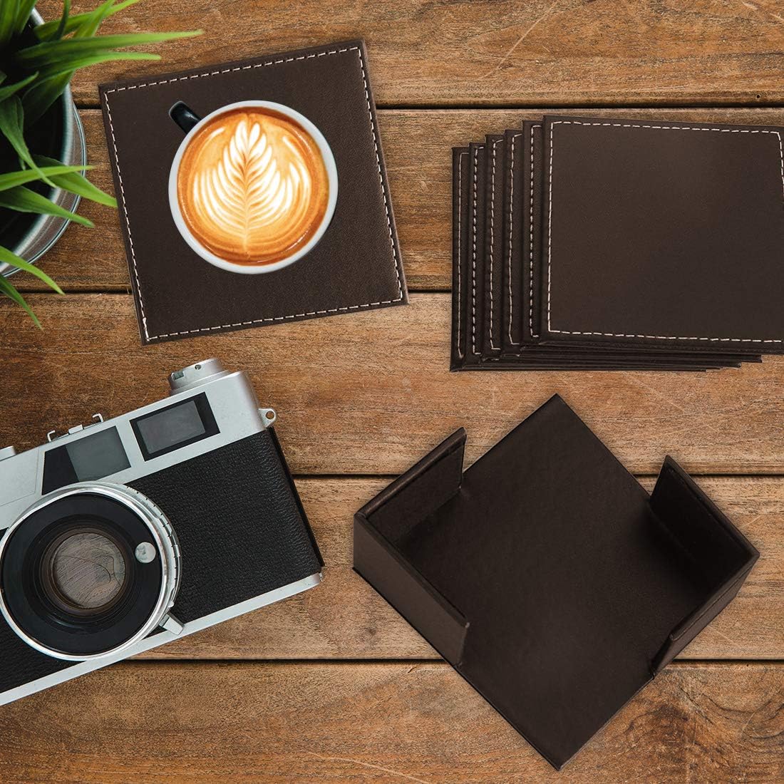 Leather Coasters for Drinks with Holder Set of 6,Coffee Mats Protect Furniture from Hot or Cold Water Marks & Damage - Image 5