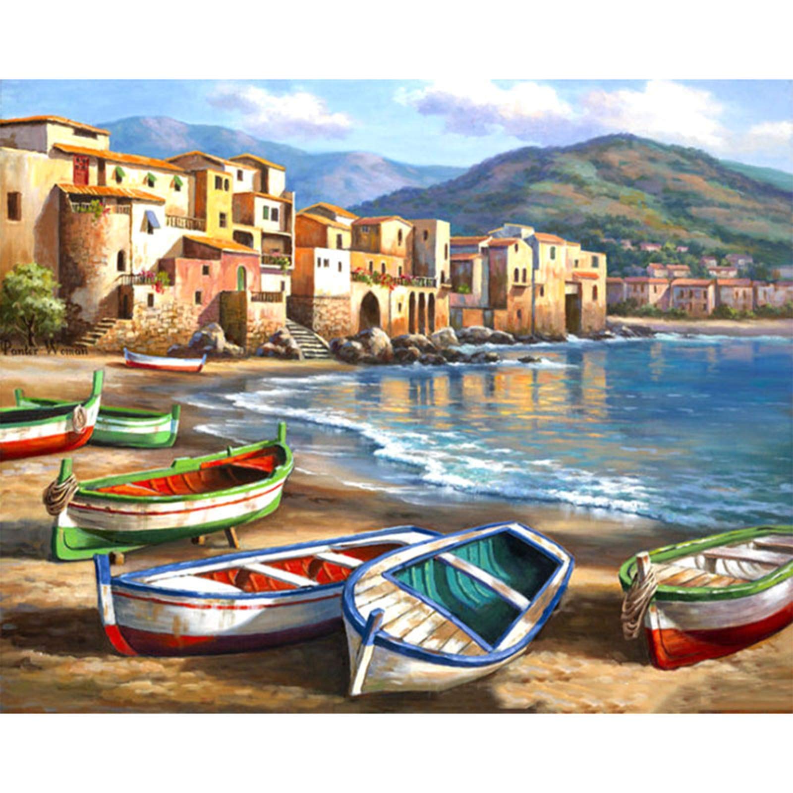 Seaside Landscape Cross Stitch Kits for Adults, Printed Stamped Counted Cross Stitch Kit for Adult Beginners Kids Uk, Starter Advanced Easy Crossstitch Embroidery Patterns Set Needlepoint 14x14 IN