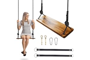 Premkid Carbonized Hanging Wooden Swing, 24"x 8"x 1.2" Tree Swing for Adults Kids with 500lbs Load, Adjustable Climbing Rope Plus Tree Straps 9.67FT, Wood Swing Set Seat for Outdoor and Indoor Use