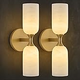 Vintage Alabaster Brass Wall Sconce: Set of 2 Antique Spanish Natural Marble Modern Vanity Wall Lights - 14" Brushed Gold Van
