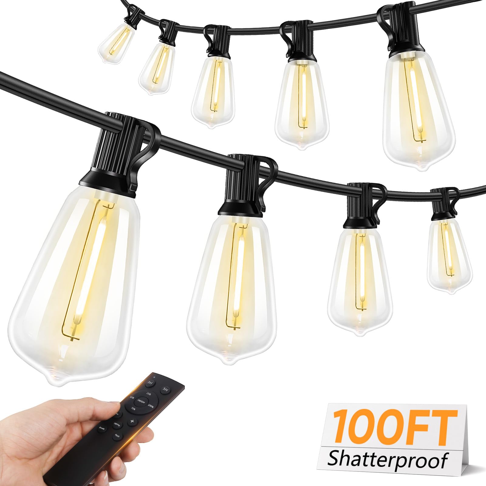 Photo 1 of Brightever LED Outdoor String Lights with Remote, 100FT Commercial Grade Waterproof Outdoor Patio Lights, 30+2 ST38 Dimmable Edison Bulbs, 2700K Warm White Rope Light for Outside, Low Voltage 24V