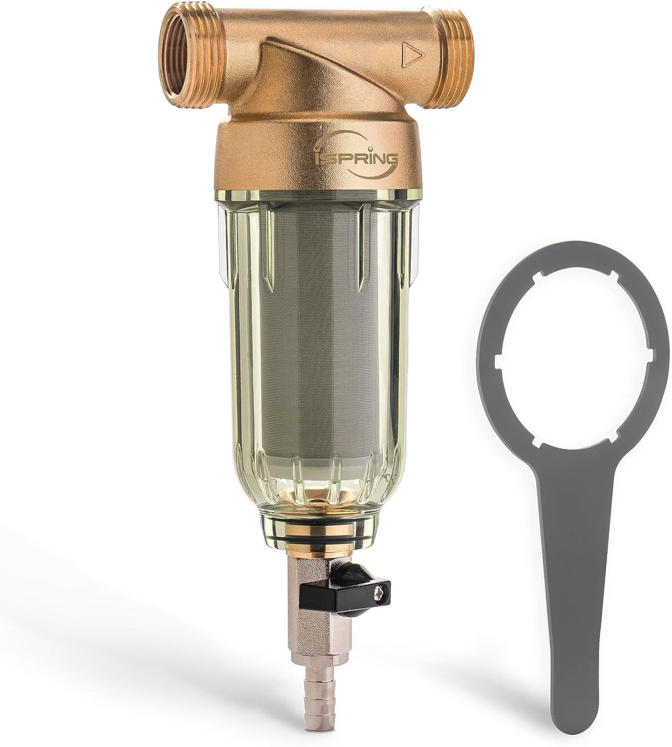 Photo 1 of iSpring WSP-50 Reusable Whole House Spin Down Sediment Water Filter, 50 Micron Flushable Prefilter Filtration, 1" MNPT + 3/4" FNPT, Lead-Free Brass