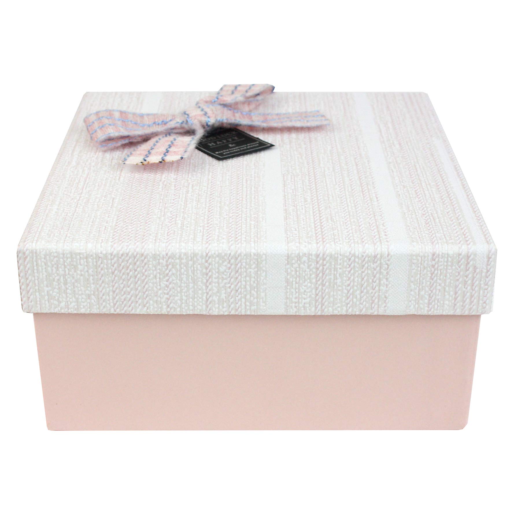 Emartbuy Rigid Luxury Square Presentation Gift Box, 16.5 cm x 16.5 cm x 7.4 cm, Baby Pink Box with Textured Lid, Chocolate Brown Interior and Striped Decorative Bow Ribbon