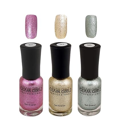 Glam Girlz Glitter Nail Polish-Combo(87-93-96) Dark Pink, Golden, Silver