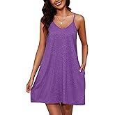 Marvmys Womens Cotton Sleeveless Nightgown Spaghetti Strap V Neck Full Slip Sleep Dress with Pockets