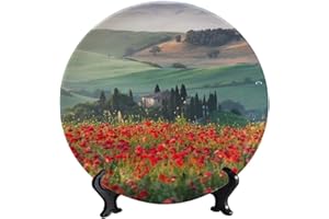 LIGUTARS Tuscany Italy Ceramic Hanging Decorative Plate, Red Flower Under The Mountain Ceramic Decorative Plate, with Vertical Stand, for Dining Table Tabletop Party Kitchen Home Decor Gift