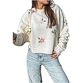 BEAUDRM Women's Floral Sweaters Ligthtweight Oversized Embroidered Sweater Long Sleeve Knit Fall Tunics Tops