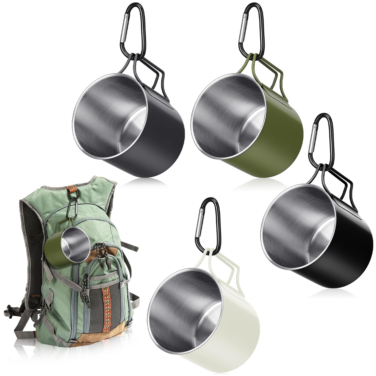 Photo 1 of Zhehao 12 oz Camping Mugs Set of 4 Metal Camping Coffee Cups Stainless Steel Cups with Folding Handles D Ring Portable Backpacking Mugs Travel for Outdoor Hiking Climbing Picnic Party
