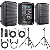 CAICOUSTIC All-in-One 2-Way PA Speaker System DJ Mixer Bundle,300W 8-Channel Mixer Bluetooth, Amplifier Kit with 8" Subwoofer and 1" Horn Tweeter,USB,2 Speaker Stands, Mic