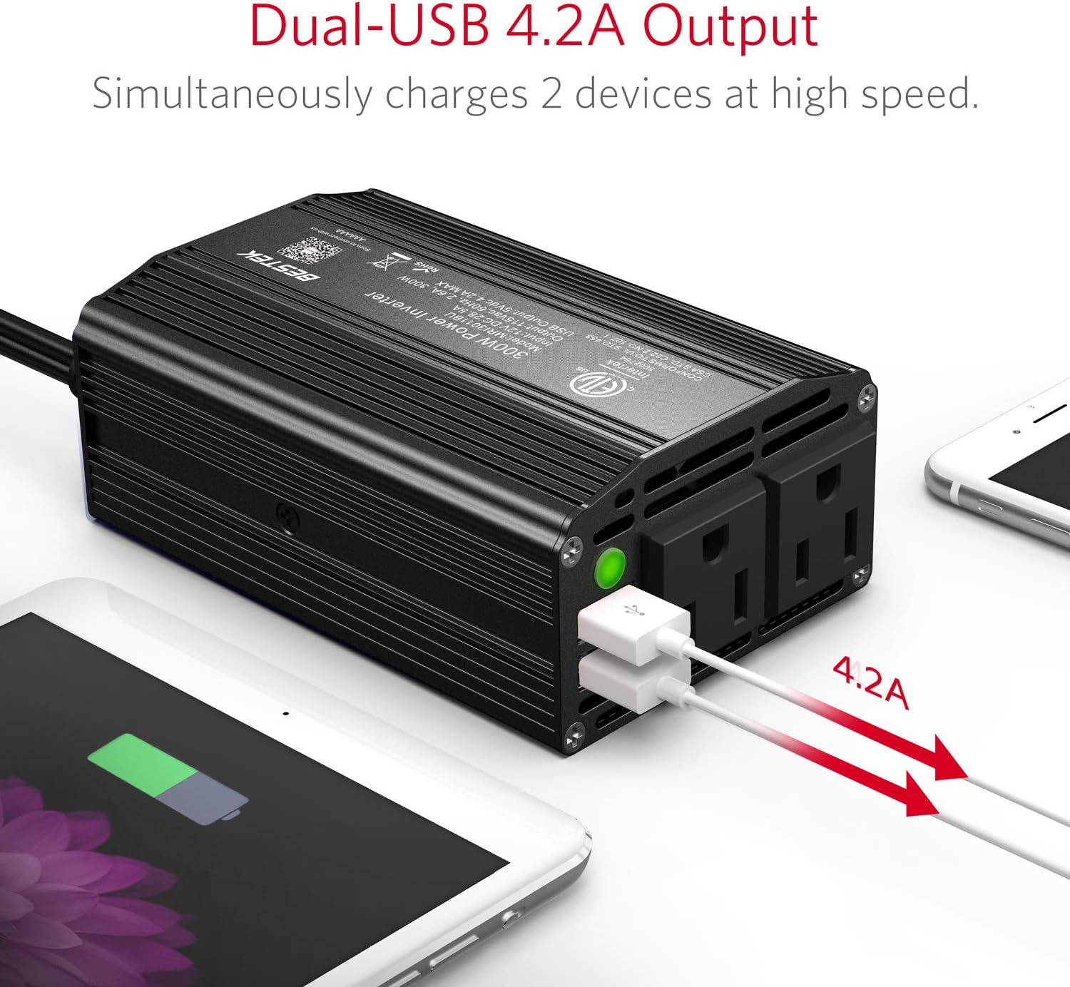 BESTEK 300W Power Inverter DC 12V to 110V AC Car Inverter with 4.2A Dual USB Car Adapter (Black): Electronics
