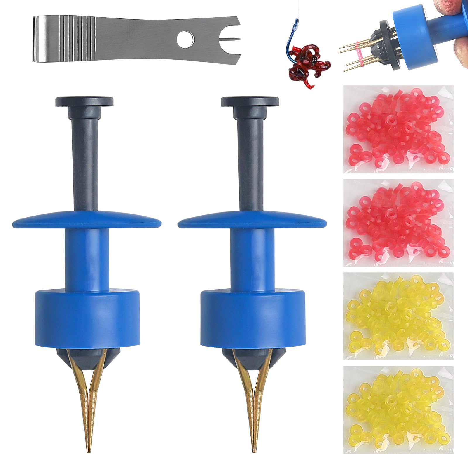 Realure 1100 Pcs/5 Sizes Micro Bait Bands for Fishing with 2 Pcs Bander Tool, Pellet Bands Rubber Rings, for Pellets Live Worms Fishing Bait,for Carp Match Outdoor Fishing, Blue