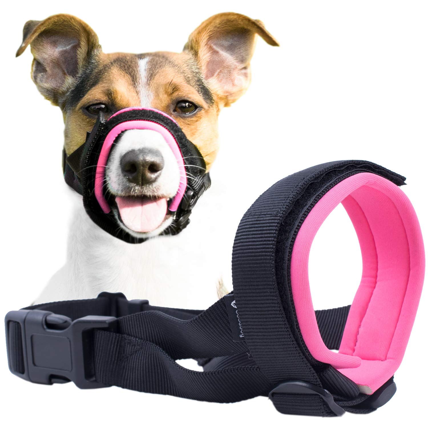 Gentle Muzzle Guard for Dogs - Prevents Biting and Unwanted Chewing Safely Secure Comfort Fit - Soft Neoprene Padding – No More Chafing –Included Training Guide Helps Build Bonds with Pet (Pink, XL)