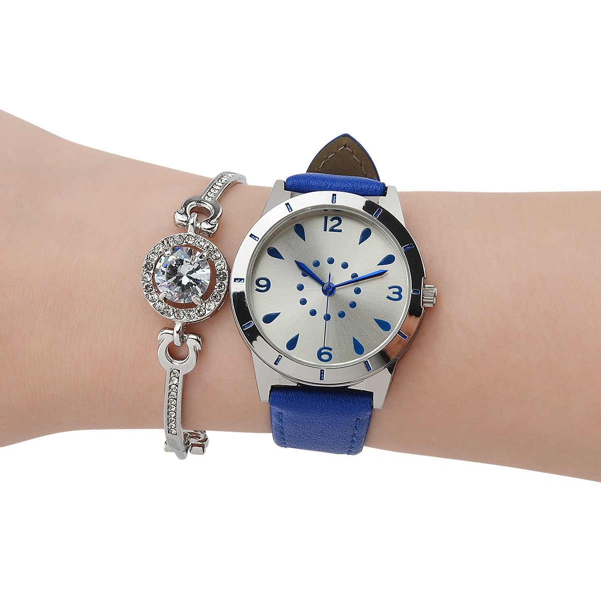 Abrray Quartz Watch Women Drop-shaped Blue Watch Zinc Alloy Case with Crystal Zircon Gem Rhinestone Chain Bracelet