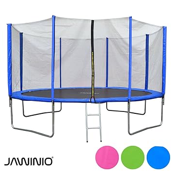 Jawinio Trampolin 425 cm (14F) Gartentrampolin Jumper Komplett-Set inkl. Leiter, Sicherheitsnetz und Sprungmatte Grün, Blau Oder Pink