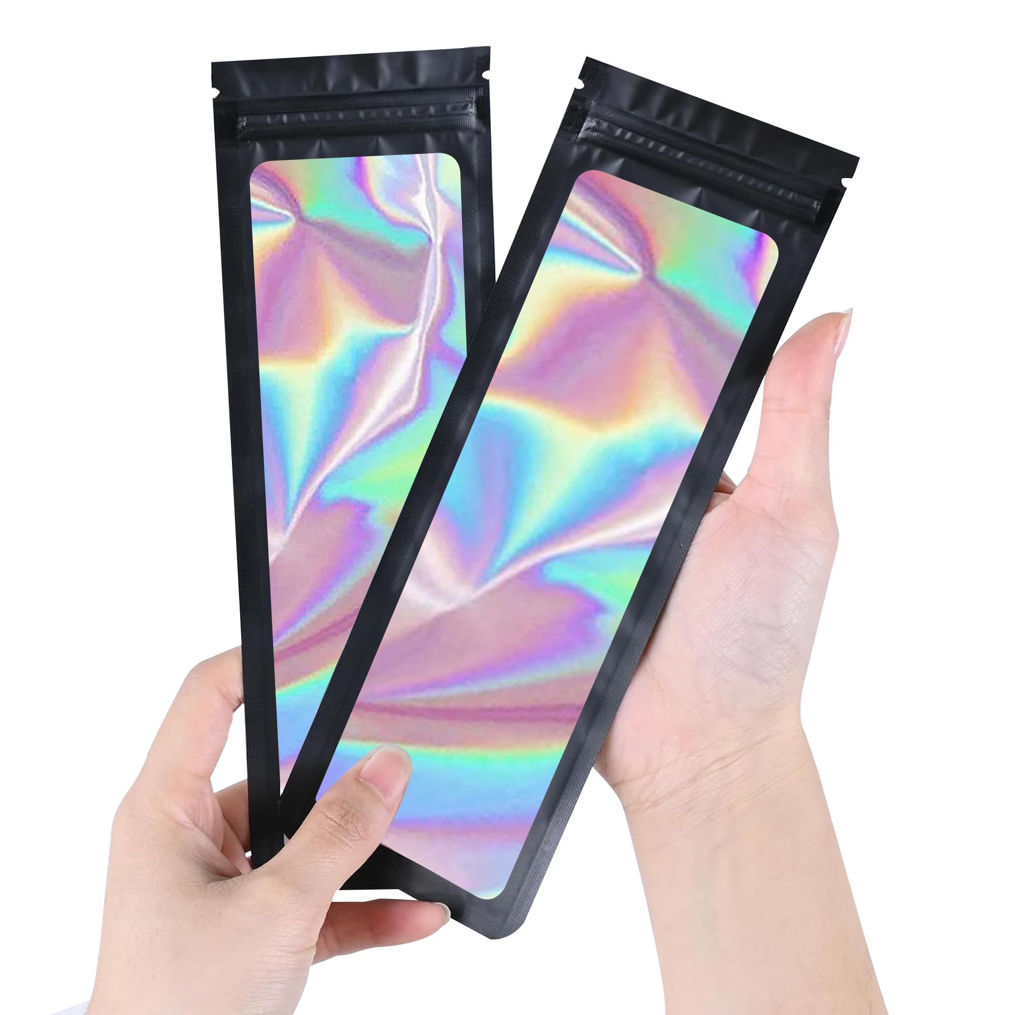 Photo 1 of 100 Pieces Smell Proof Bags Holographic Packaging Bags Storage Bag with Clear Window for Food Storage (Black, 2.8x8.7 Inch)