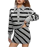 MakeMeChic Women's 2 Piece Fall Outfits Striped Long Sleeve Shirts and Mini Skirt Matching Set
