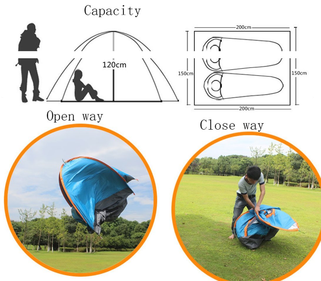Ghlee Family 2-3 Person Camping Hiking Outdoor Tent Fully automatic Three seconds Speed to Oen Tent 200 x 150 x 120 CM Blue